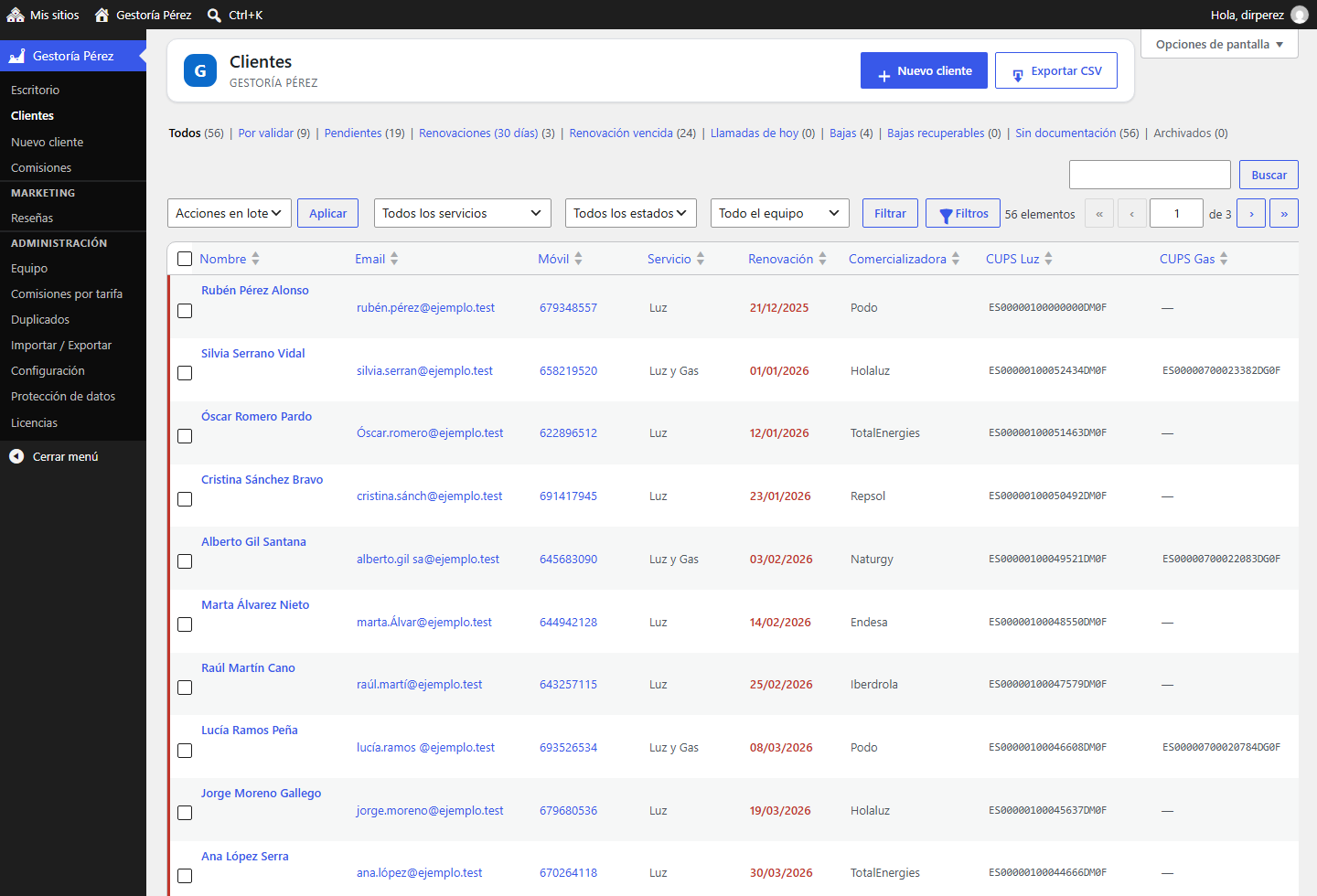 Listado de clientes del CRM con CUPS, comercializadora y renovaciones