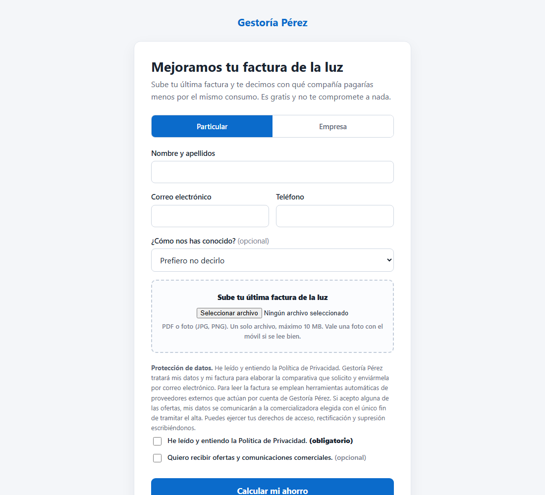 Portal público del comparador: el cliente sube su factura