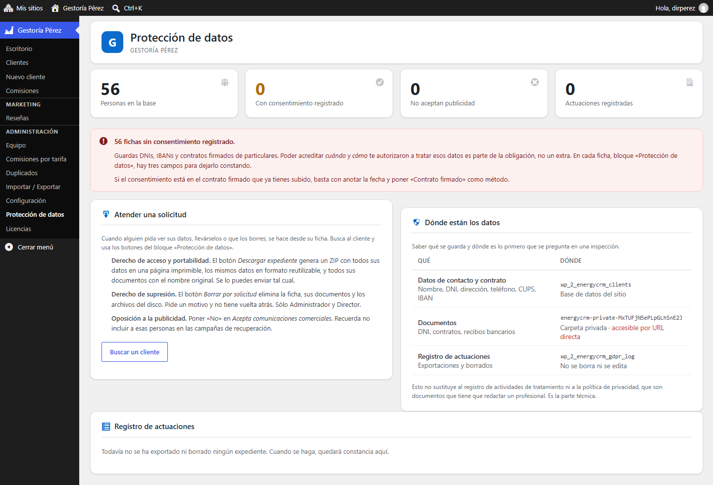 Registro de proteccion de datos con cada exportacion y borrado